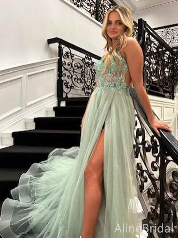 Elegant V-neck Spaghetti Strap Split Side A-line Long Prom Dress,PD38173