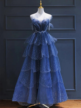 Sparkly Blue Strapless A-line Layered Tulle rom Dress, PD3663