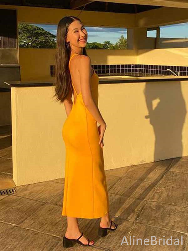 Simple Yellow Halter Mermaid Long Prom Dress,PD381770