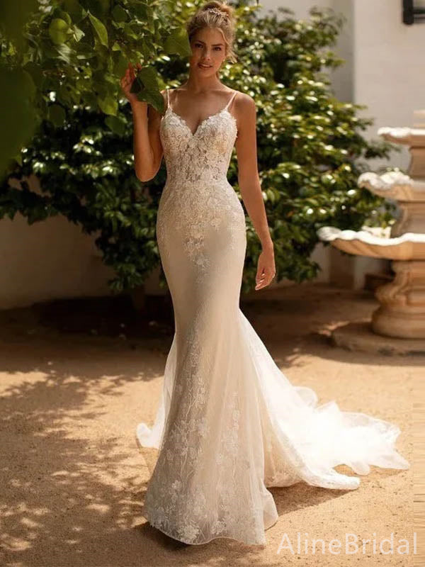 Luxury V-neck Spaghetti Strap Mermaid Long Wedding Dresses,WD3075