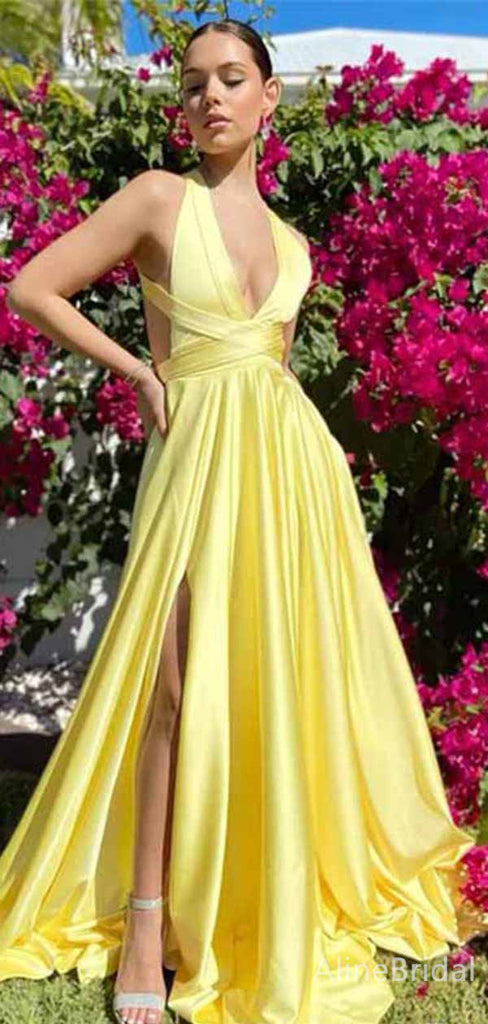 Yellow Elegant V-neck Split Side A-line Long Prom Dress,PD381790