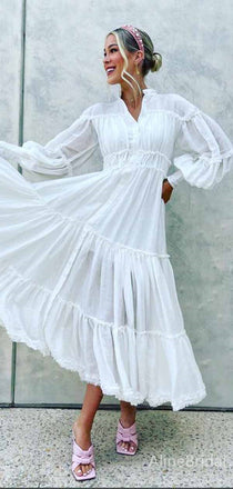 Elegant White V-neck Long Sleeves A-line Long Prom Dress, PD381792