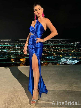 Unique Royal Blue One Shoulder Side Slit Mermaid Long Prom Dress, Evening Dress, PD381811