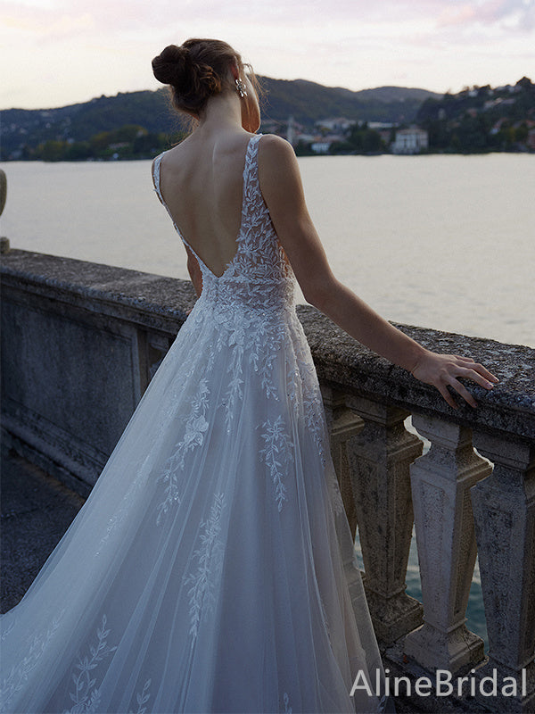 Elegant V-neck Spaghetti Strap A-line Long Wedding Dresses,WD3059