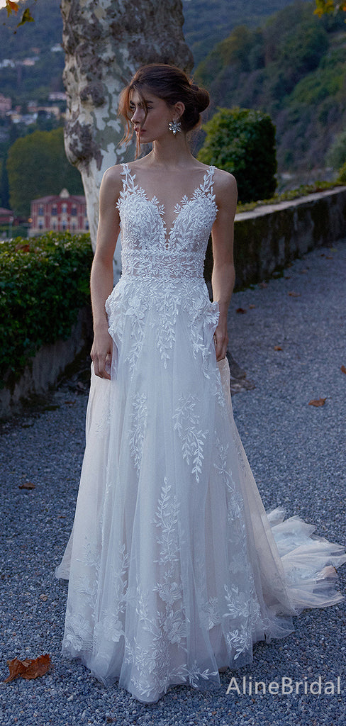 Elegant V-neck Spaghetti Strap A-line Long Wedding Dresses,WD3059