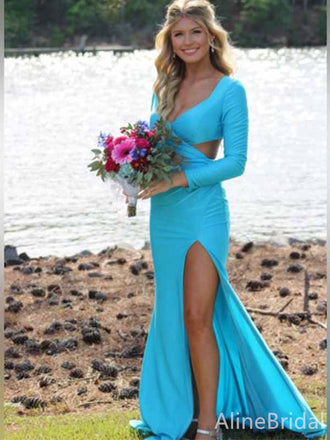 Elegant Tiffany Blue V-neck Cut-Out Long Sleeves Mermaid Long Prom Dress with Slit, PD381827