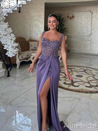 Sparkly Purple Beading Thish Slit  Mermaid Long Prom Dress, Evening Dress, PD381830