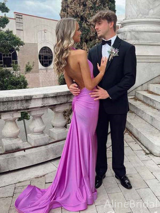 Elegant Purple V-neck Halter Backless Mermaid Long Prom Dress,PD381829