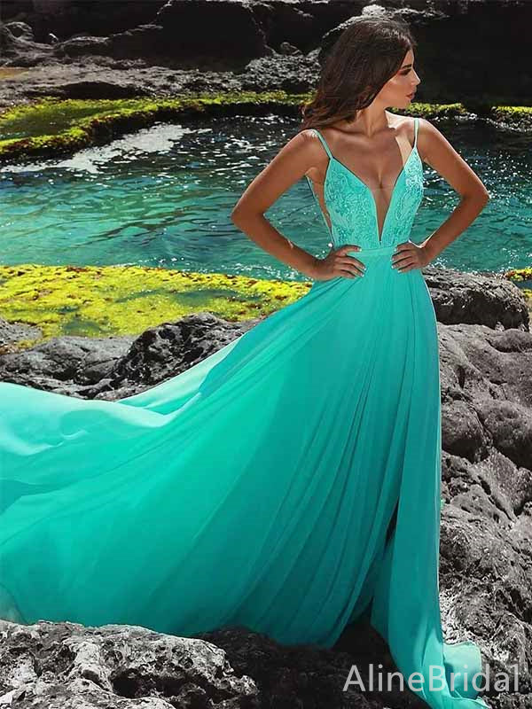 Gorgeous V-neck Spaghetti Strap A-line Long Prom Dress,PD381858