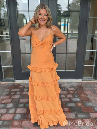 Elegant Orange V-neck Front Twist A-line Long Prom Dress, Evening Dress, PD381860