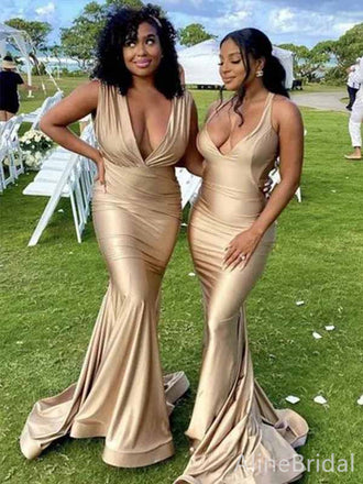 Sexy Champagne Deep V-neck Mermaid Long Bridesmaid Dress, PD3297