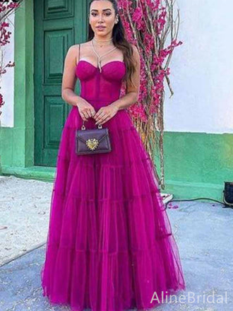 Gorgeous Spaghetti Strap Fuchsia Corset A-line Long Tulle Prom Dress-Tiered Evening Dress, PD381868