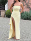 Simple Yellow Strapless Split Side Mermaid Long Prom Dress,PD381876