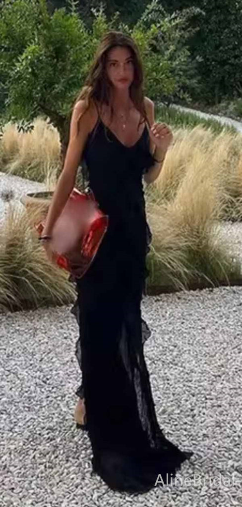 Sexy Black V-neck Spaghetti Strap Backless Mermaid Long Prom Dress,PD381896