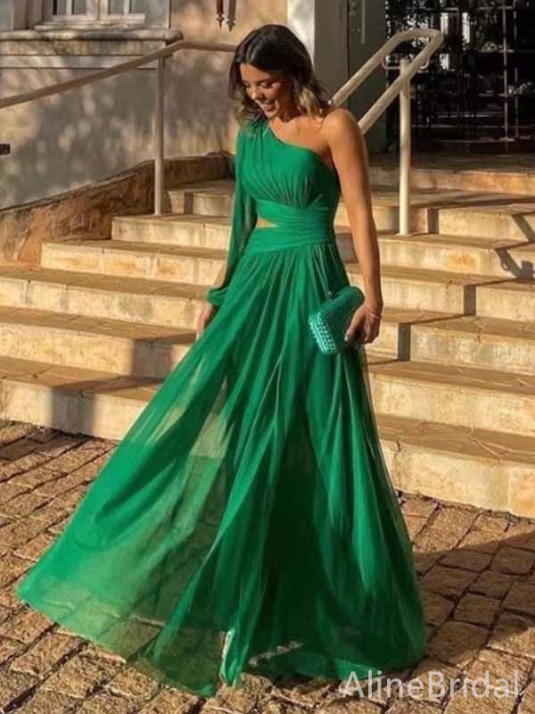 Elegant One Shoulder Long Sleeveas A-line Long Prom Dress,PD381913