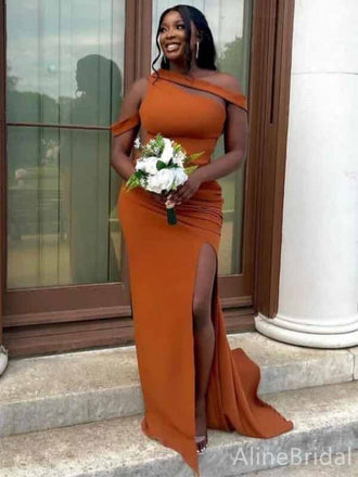 Elegant Burnt Orange One Shoulder Long Evening Dress with Slit, Bridesmaids Dress, PD381920