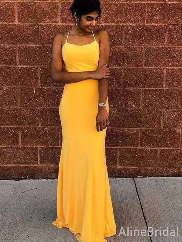 Elegant Yellow Spaghetti Strap Mermaid Long Prom Dress,PD381930