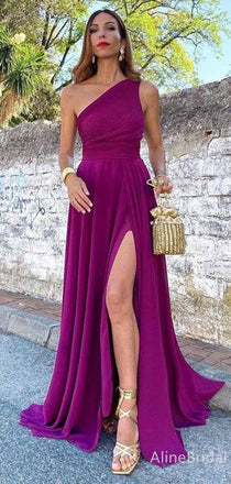 Elegant Purple One Shoulder Long Prom Dress with Slit, PD381932
