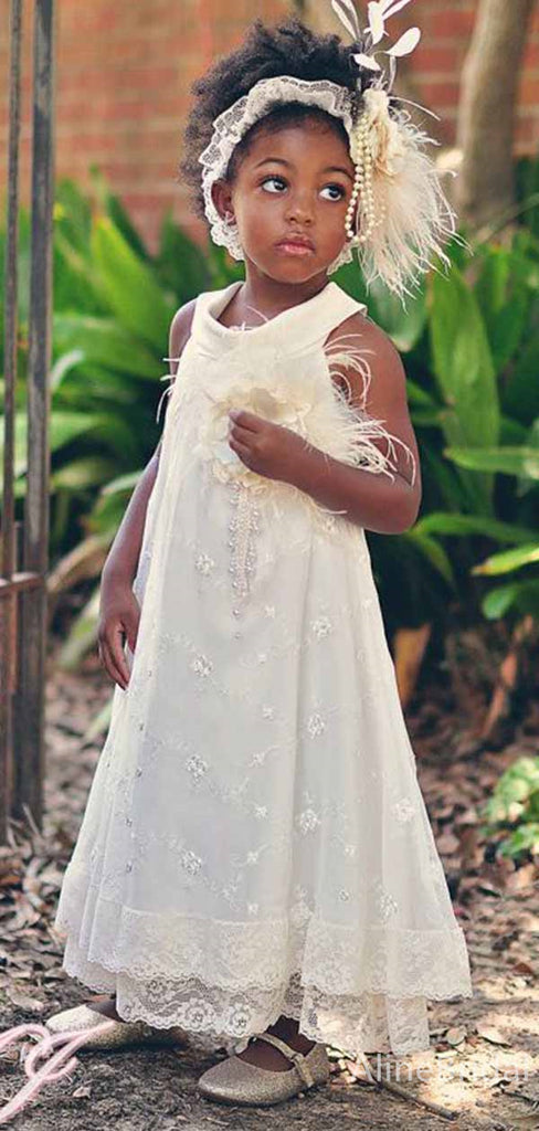 Gorgeous Ivory Lace A-line Long Flower Girl Dresses, FGS171