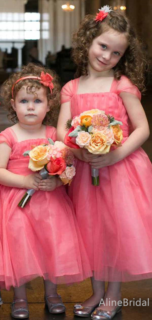 Elegant Square Cap Shoulder A-line Long Flower Girl Dresses, FGS173