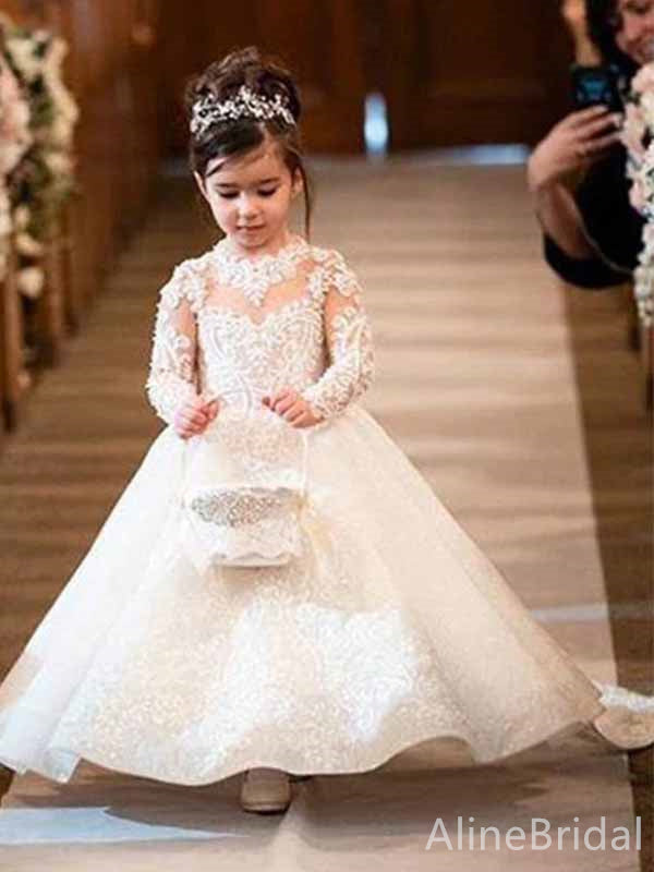 Gorgeous Lace Long Sleeves A-line Long Flower Girl Dresses, FGS178