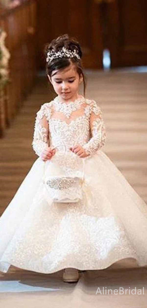 Gorgeous Lace Long Sleeves A-line Long Flower Girl Dresses, FGS178