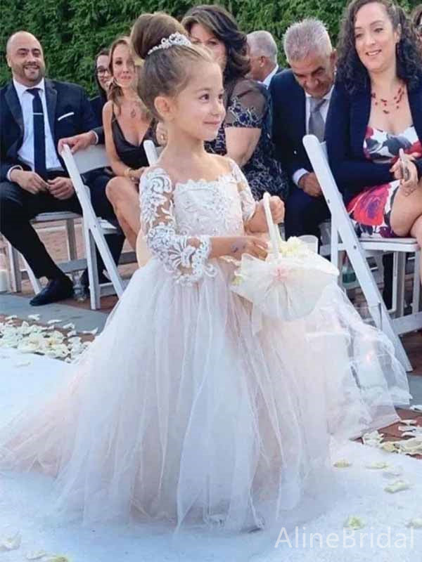 Elegant Square Lace Long Sleeves A-line Long Flower Girl Dresses, FGS180