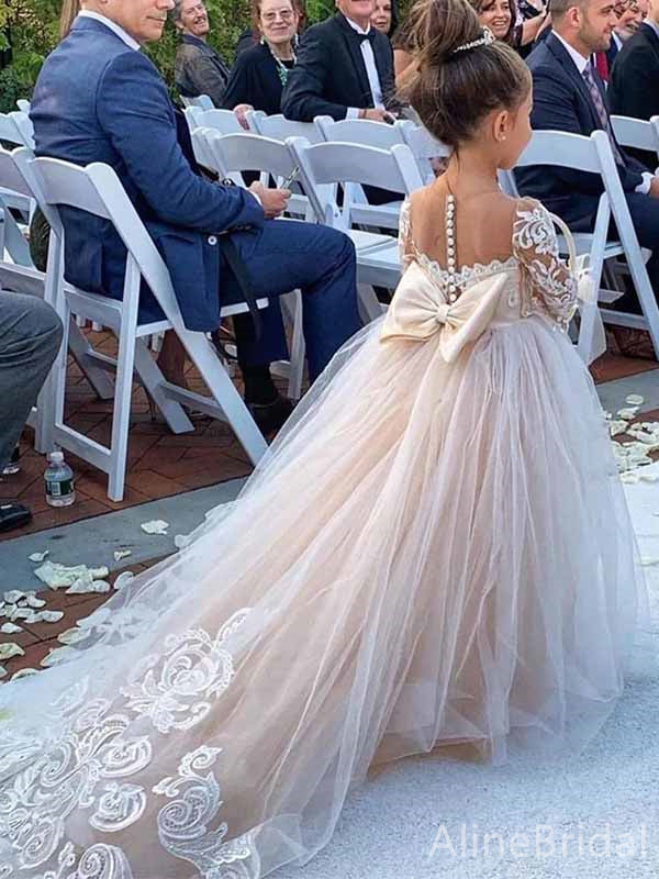 Elegant Square Lace Long Sleeves A-line Long Flower Girl Dresses, FGS180