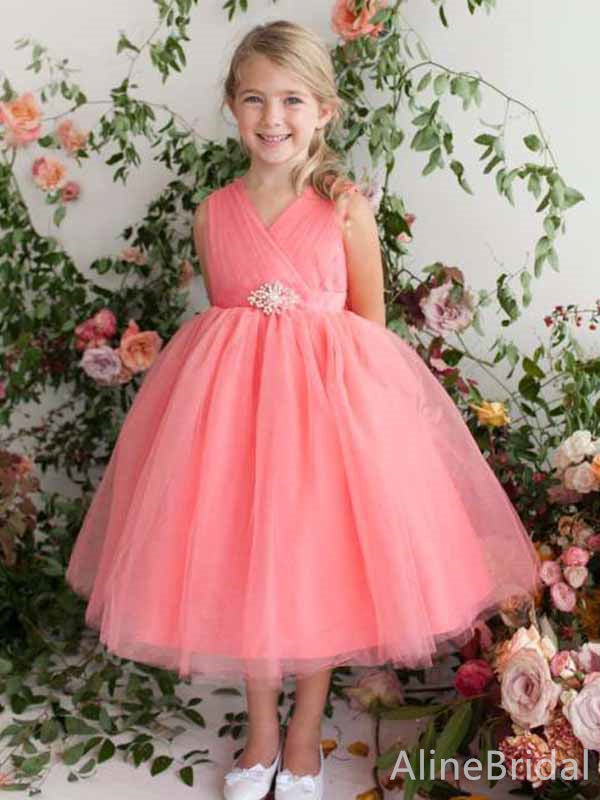 Elegant V-neck A-line Long Flower Girl Dresses, FGS188