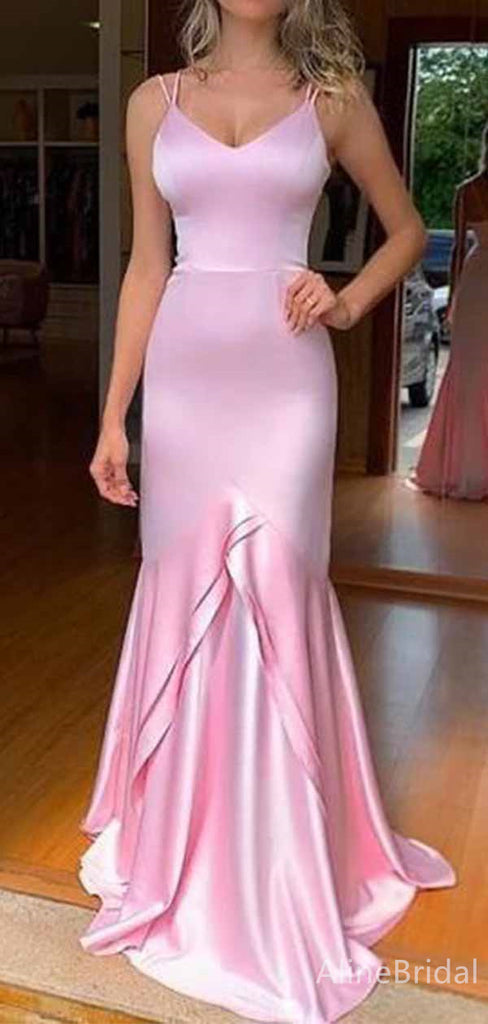 Elegant Pink V-neck Spaghetti Strap Mermaid Long Prom Dress,PD381946