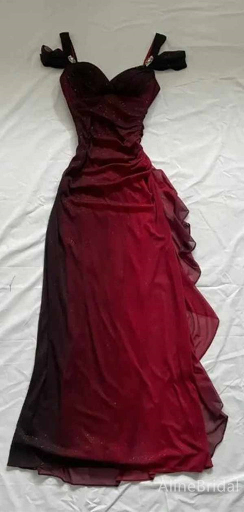 Elegant Burgundy V-neck Straps A-line Long Prom Dress,PD381948