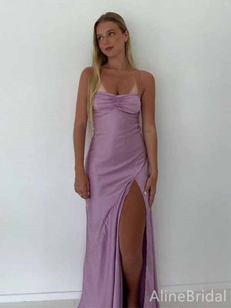Elegant Lavendar Spaghetti Strap Long Prom Dress with Slit, PD381949