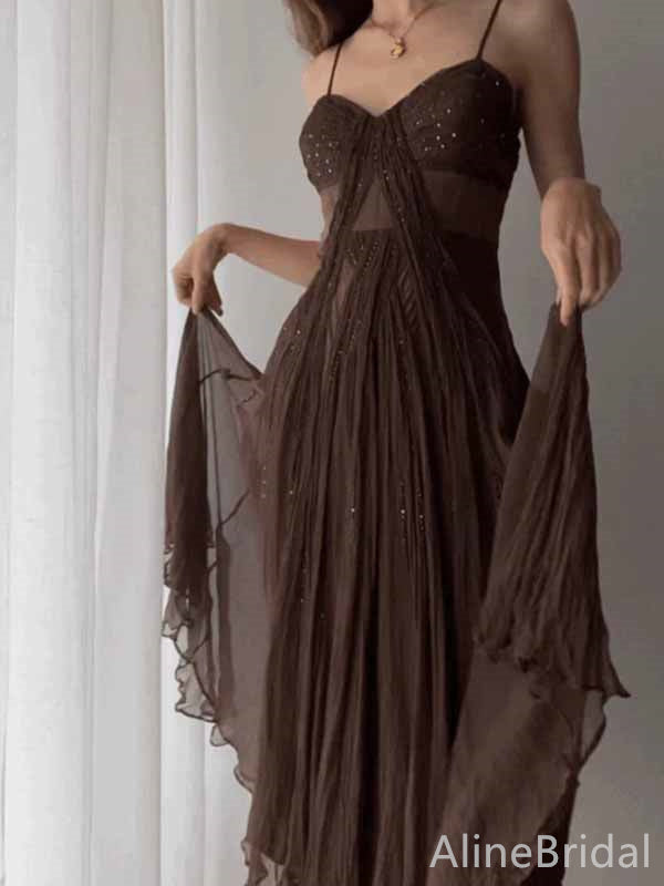 Elegant Brown V-neck Spaghetti Strap A-line Long Prom Dress,PD381951