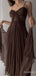 Elegant Brown V-neck Spaghetti Strap A-line Long Prom Dress,PD381951