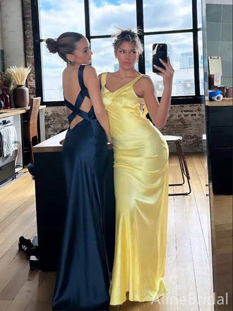 Sexy Yellow V-neck Straps Backless Mermaid Long Prom Dress, Navy Evening Dress, PD381955