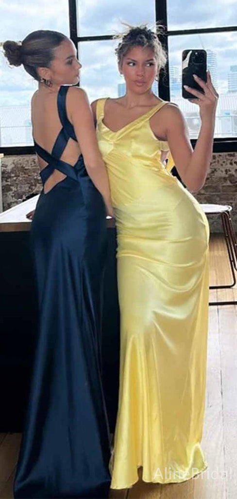 Sexy Yellow V-neck Straps Backless Mermaid Long Prom Dress,PD381955