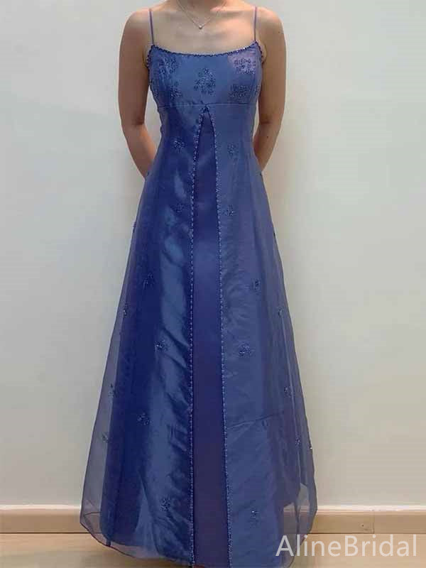 Elegant Blue Lace Spaghetti Strap A-line Long Prom Dress,PD381972