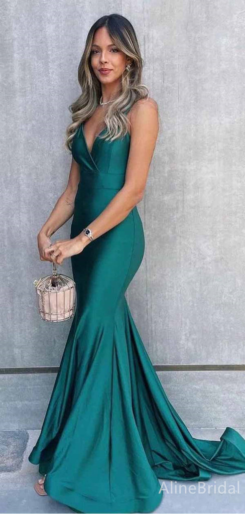 Sexy V-neck Dark Green Spaghetti Strap Mermaid Long Prom Dress,PD381974