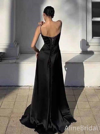 Gorgeous Satin Black Spaghetti Strap Hollow Out Lace Up Backless A-line Long Prom Dress,PD381985