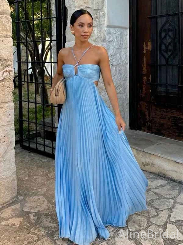 Unique Blue Halter Spaghetti Strap A-line Long Prom Dress,PD381986