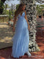 Elegant Blue V-neck Spaghetti Strap A-line Long Prom Dress,PD381991