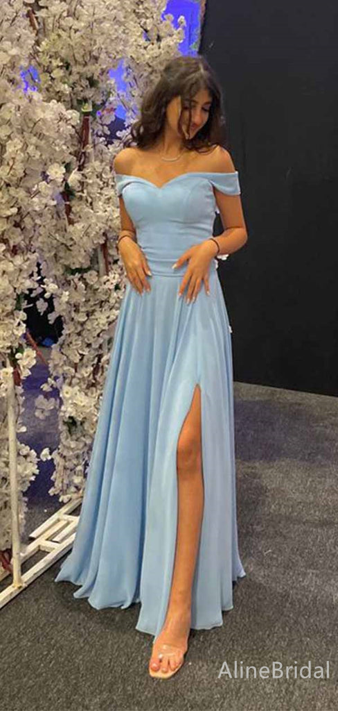 Elegant Blue V-neck Off-the-Shoulder Side-Slit A-line Long Prom Dress,PD381992