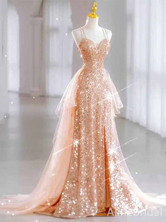 Sparkly Peach Pink Sequins Sweetheart Spaghetti Strap A-line Long Ball Gown with Tulle Panel, PD381995