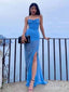 Elegant Blue Spaghetti Strap Side-Slit Mermaid Long Prom Dress,PD381999