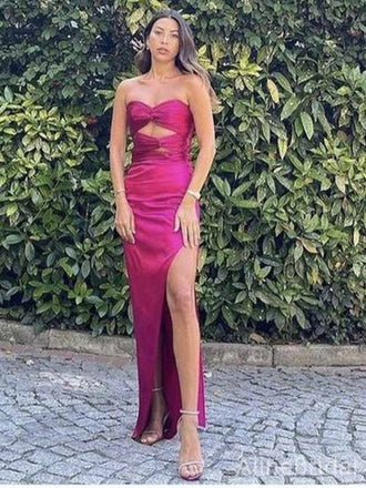 Unique Hot Pink Strapless Side-Slit Mermaid Long Prom Dress, PD382004
