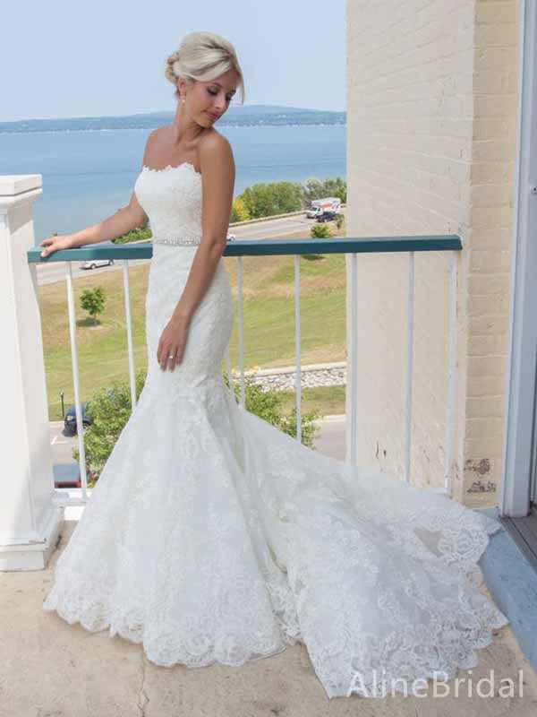 Gorgeous Strapless Lace Appliques Long Sleeves Mermaid Long Wedding Dresses,WD3115