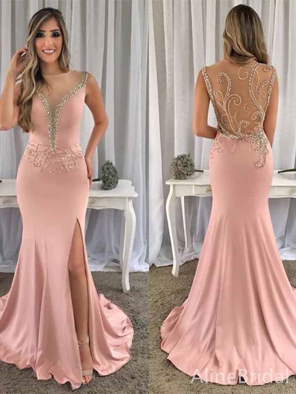 Gorgeous V-neck Illusion Lace Beadings Split Side Mermaid Long Prom Dress,PD382013