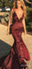 Sexy Burgundy V-neck Spaghetti Strap Side Slit Mermaid Long Prom Dress,PD382016