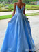 Simple Blue V-neck Spaghetti Strap A-line Long Prom Dress,PD382022