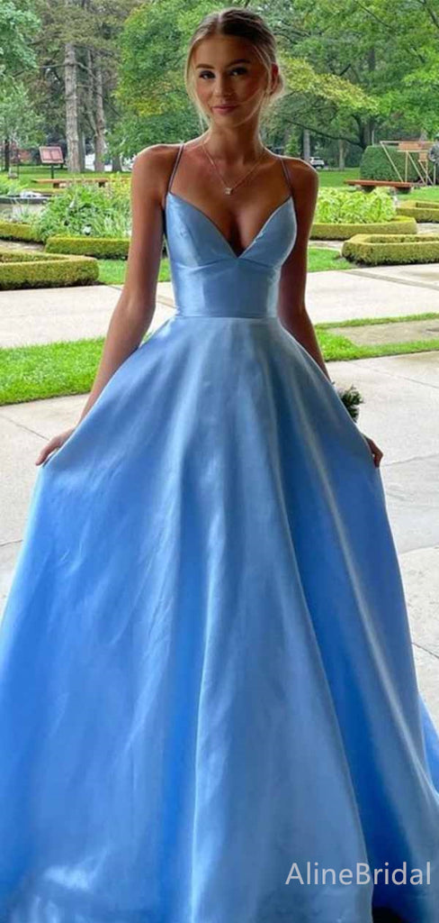 Simple Blue V-neck Spaghetti Strap A-line Long Prom Dress,PD382022